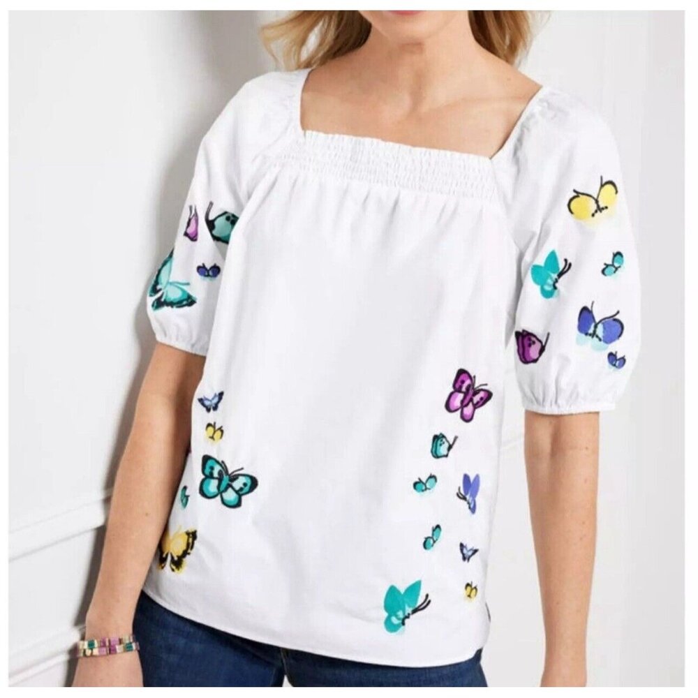 Talbots embroidered poplin top scattered embroidered butterfly Size Large